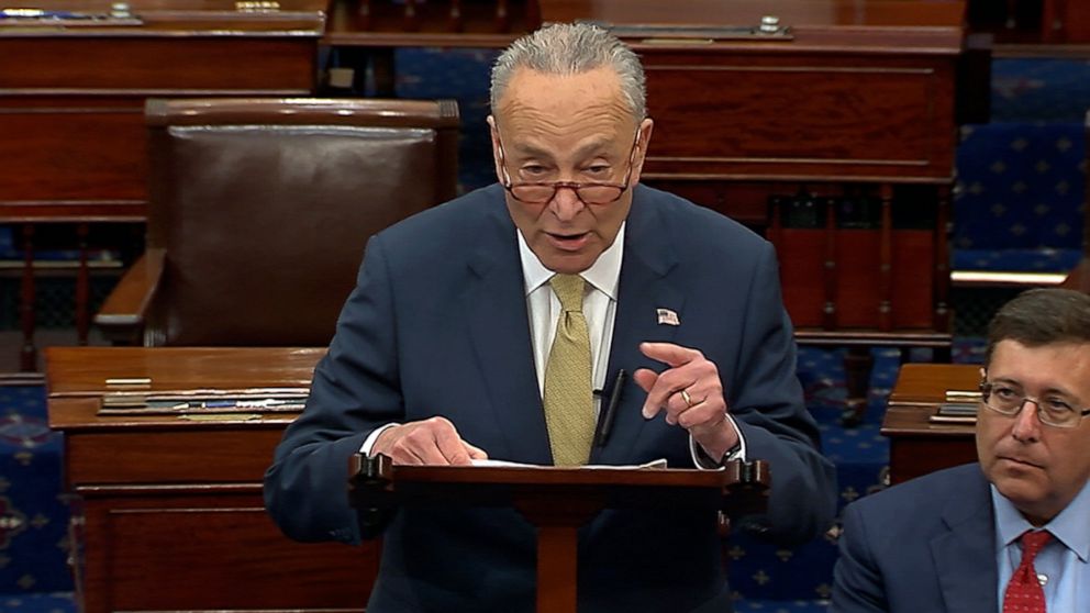 In this image from Senate Television, Senate Majority Leader Chuck Schumer of New York, speak on the Senate floor, Wednesday, May 25, 2022 at the Capitol in Washington. Schumer has quickly set in motion a pair of firearms background check bills in re