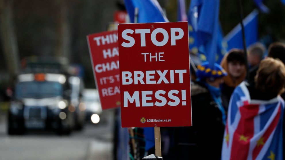Pro-European demonstrators protest outside parliament in London, Friday, Jan. 11, 2019. Britain's Prime Minister Theresa May is struggling to win support for her Brexit deal in Parliament. Lawmakers are due to vote on the agreement Tuesday, and all s