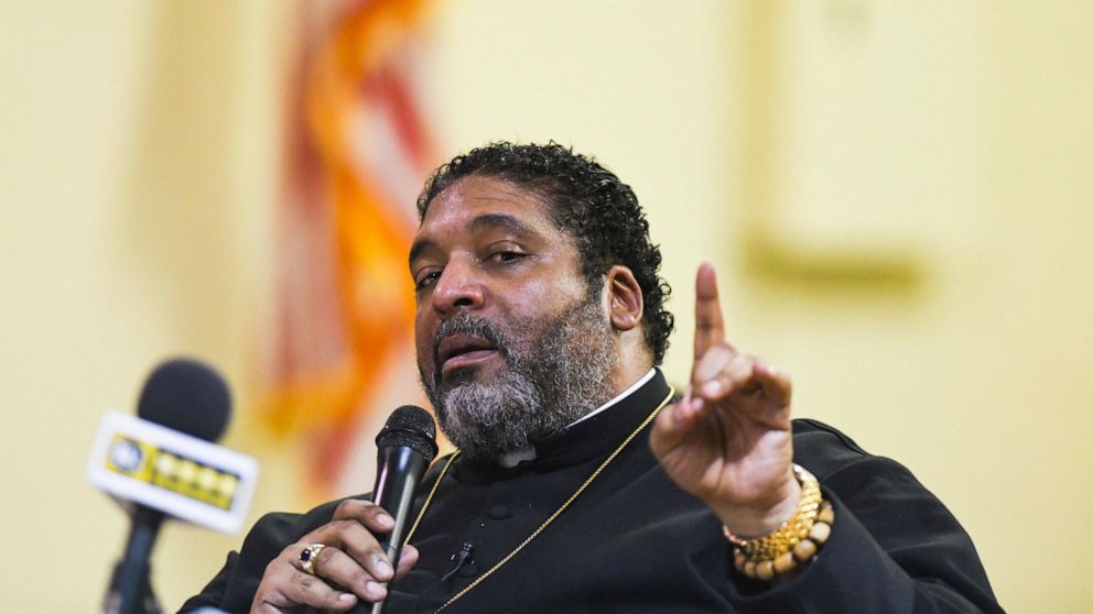FILE - In this Feb. 21, 2019, file photo, Rev. William Barber, leader of the Moral Mondays movement, speaks during a town hall meeting for Lowndes County residents with failing wastewater sanitation systems in Hayneville, Ala. The Poor People's Campa