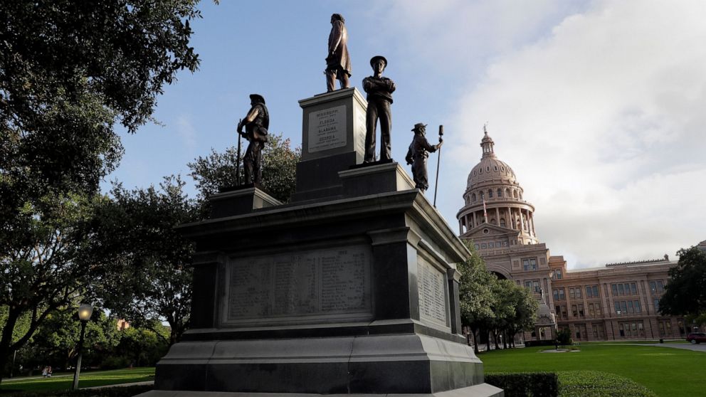 FILE - In this Aug. 21, 2017 file photo, the Texas State Capitol Confederate Monument stands on the south lawn in Austin, Texas. As a racial justice reckoning continues to inform conversations across the country, lawmakers nationwide are struggling t