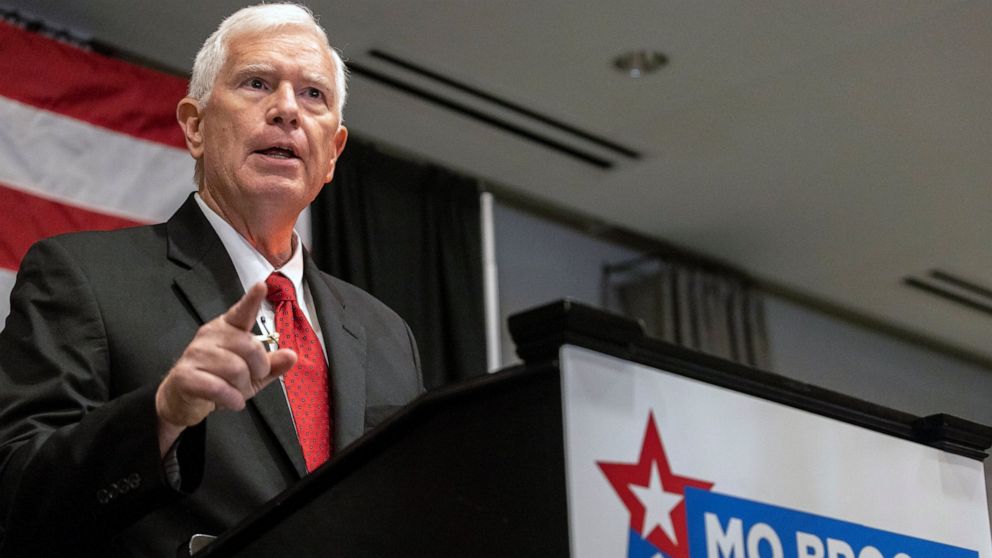 FILE - Mo Brooks speaks to supporters at his watch party for the Republican nomination for U.S. Senator of Alabama at the Huntsville Botanical Gardens, Tuesday, May 24, 2022, in Huntsville, Ala. Brooks is asking former President Donald Trump to back 