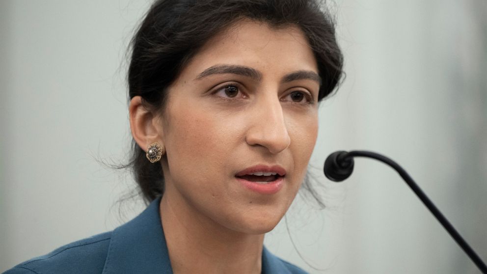 FILE - Lina Khan, nominee for Commissioner of the Federal Trade Commission (FTC), speaks during a Senate Committee on Commerce, Science, and Transportation confirmation hearing, April 21, 2021 on Capitol Hill in Washington. Khan, the head of the Fede