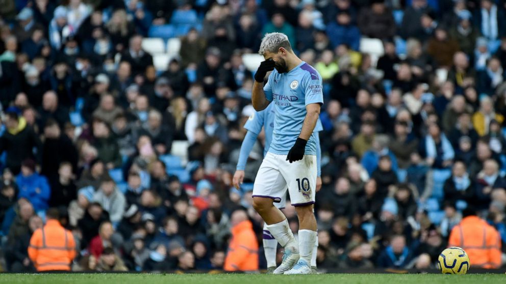 Manchester City's Sergio Aguero reacts after Crystal Palace's Cenk Tosun scoring his side's opening goal during the English Premier League soccer match between Manchester City and Crystal Palace at Etihad stadium in Manchester, England, Saturday, Jan