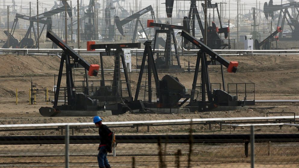 FILE - This Jan. 16, 2015, file photo shows pumpjacks operating at the Kern River Oil Field in Bakersfield, Calif. California Gov. Gavin Newsom on Saturday, Oct. 12, 2019, signed a law intended to counter Trump administration plans to increase oil an