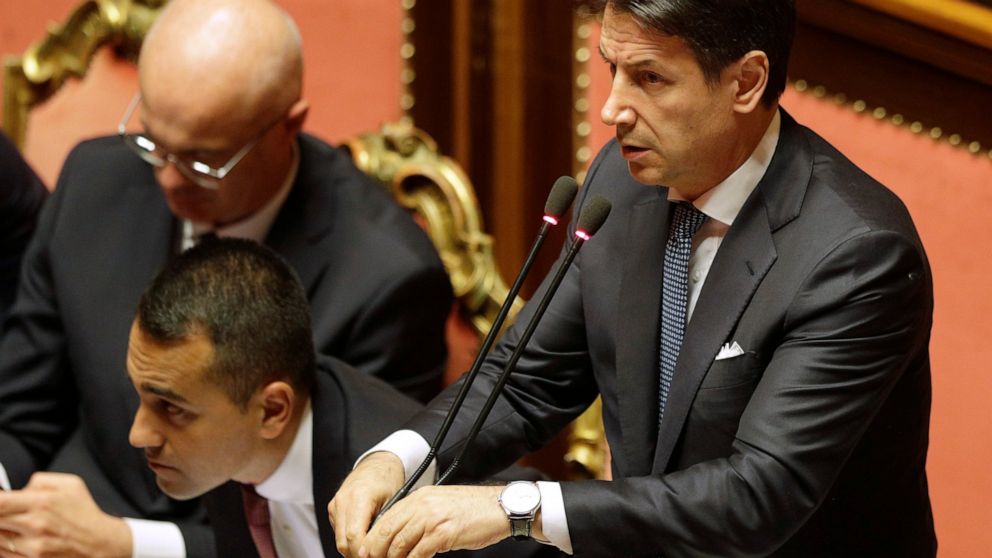 Italy's Prime Minister Giuseppe Conte intervenes in the debate at the Senate ahead of a second confidence vote on his coalition government, in Rome, Tuesday, Sept. 10, 2019. Conte on Monday won the first of two mandatory confidence votes on his four-