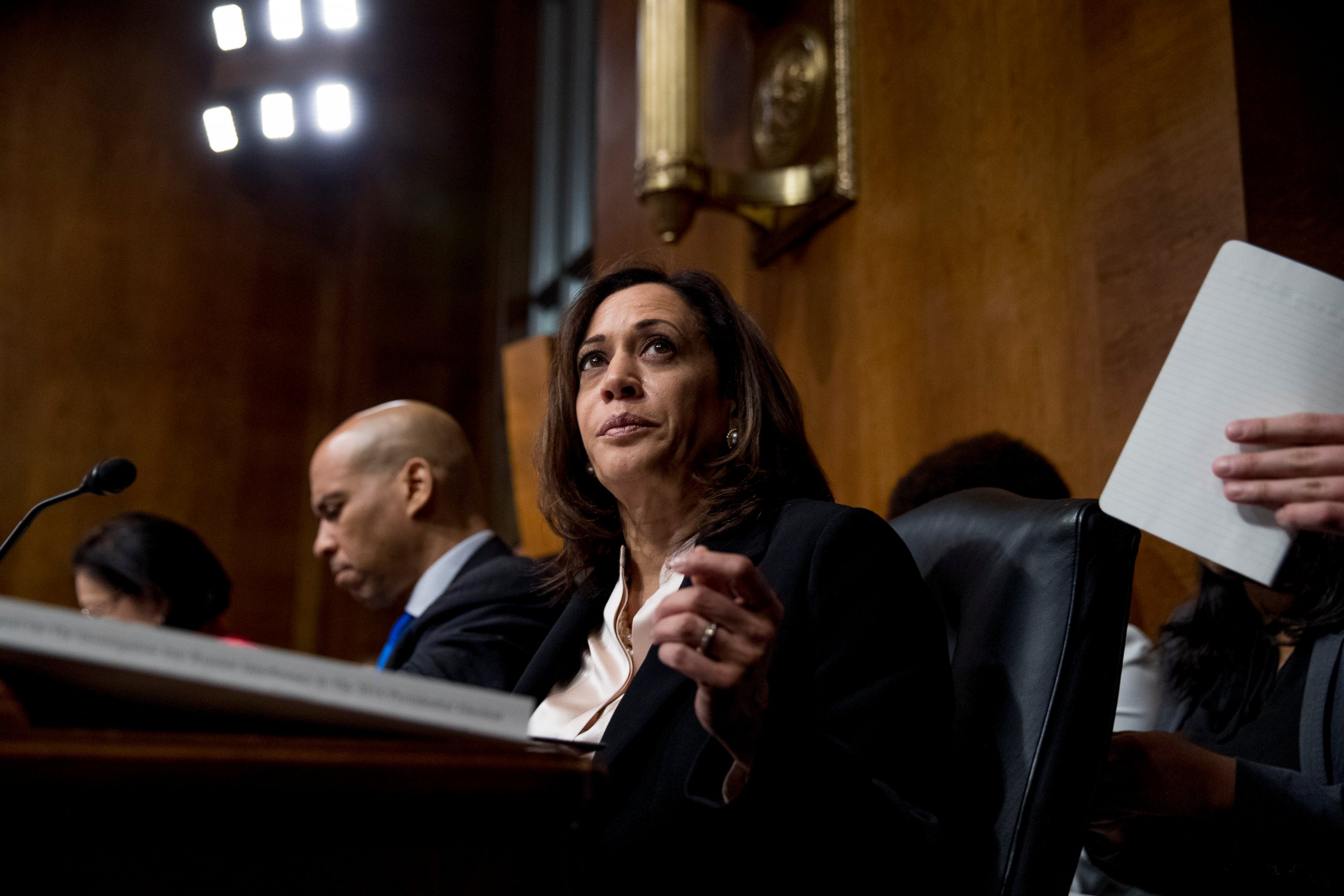 Democratic presidential candidate Sen. Kamala Harris, D-Calif., listens as Attorney General William Barr testifies during a Senate Judiciary Committee hearing on Capitol Hill in Washington, Wednesday, May 1, 2019.