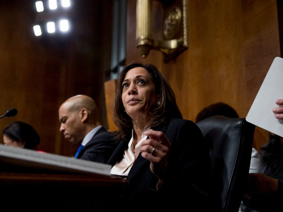 Democratic presidential candidate Sen. Kamala Harris, D-Calif., listens as Attorney General William Barr testifies during a Senate Judiciary Committee hearing on Capitol Hill in Washington, Wednesday, May 1, 2019.