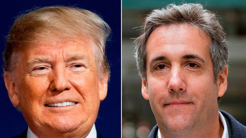 FILE - This combination of file photo shows, from left, former President Donald Trump and Michael Cohen. A federal election watchdog fined the publisher of the National Enquirer $187,500 for a payment it made to keep under wraps a story about Trump’s