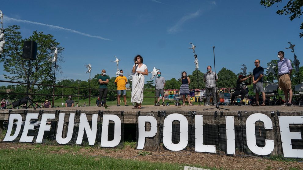 FILE - In this June 7, 2020, file photo, Alondra Cano, a City Council member, speaks during "The Path Forward" meeting at Powderhorn Park on Sunday, June 7, 2020, in Minneapolis. On Wednesday, Dec. 8, 2020, the Minneapolis City Council will decide wh