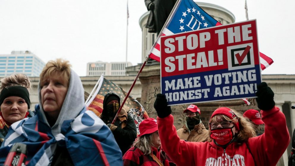 FILE - Supporters of President Donald Trump demonstrate during a rally on, Jan. 6, 2021, at the Ohio Statehouse in Columbus, Ohio. This week’s gripping testimony about threats to election officials by former President Donald Trump and his followers h