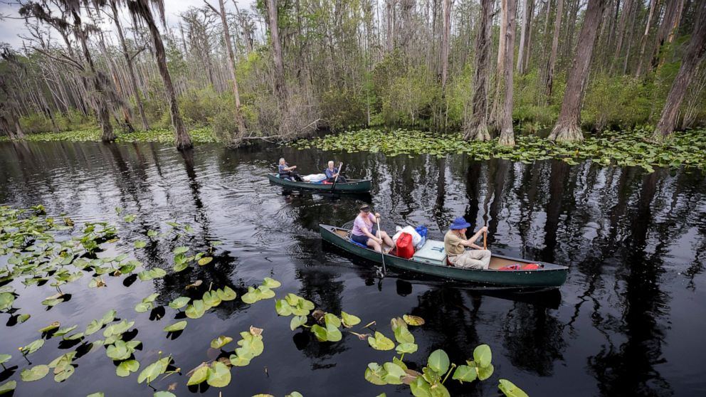 FILE - A group of visitors return to Stephen C. Foster State Park after an overnight camping trip on the Red Trail in the Okefenokee National Wildlife Refuge on April 6, 2022, in Fargo, Ga. A member of President Joe Biden's cabinet urged Georgia offi