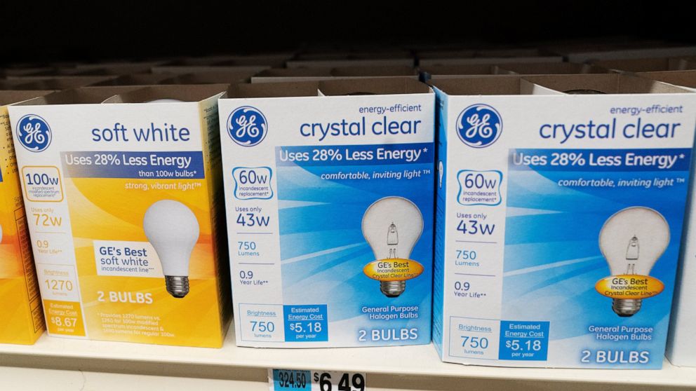 FILE - General Electric light bulbs are displayed in a supermarket April 5, 2021 in New York. The Biden administration is scrapping old-fashioned incandescent light bulbs. Rules finalized by the Energy Department will require manufacturers to sell en