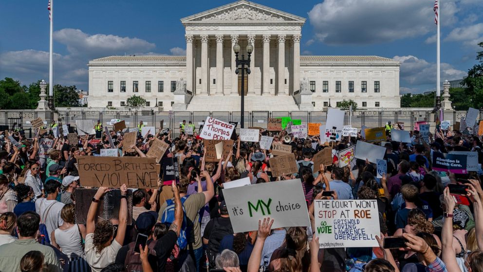 Abortion-rights and anti-abortion demonstrators gather outside of the Supreme Court in Washington, Friday, June 24, 2022. The Supreme Court has ended constitutional protections for abortion that had been in place nearly 50 years, a decision by its co
