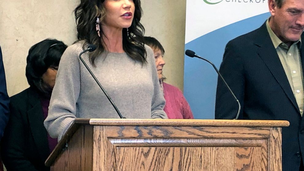FILE - South Dakota Gov. Kristi Noem speaks at a news conference in Sioux Falls, Idaho, on Nov. 1, 2021. A South Dakota government accountability board has set an April deadline for Gov. Noem to respond to a pair of ethics complaints. (AP Photo/Steph