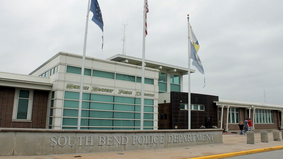 The South Bend, Ind., police station is seen in this Oct. 2, 2019, photo. When Pete Buttigieg got rid of South Bend's black police chief Darryl Boykins, it set off a flurry of anger in the Indiana city. Eight years later, the move still shadows his p