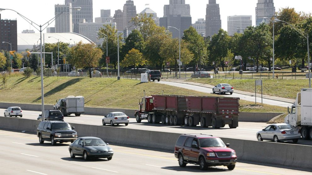 FILE- Traffic flows along Interstate 375 near downtown Detroit, on Sept. 30, 2004. A long-delayed plan to dismantle Interstate 375, a 1-mile (1.6-kilometer) depressed freeway in Detroit that was built by demolishing Black neighborhoods 60 years ago, 