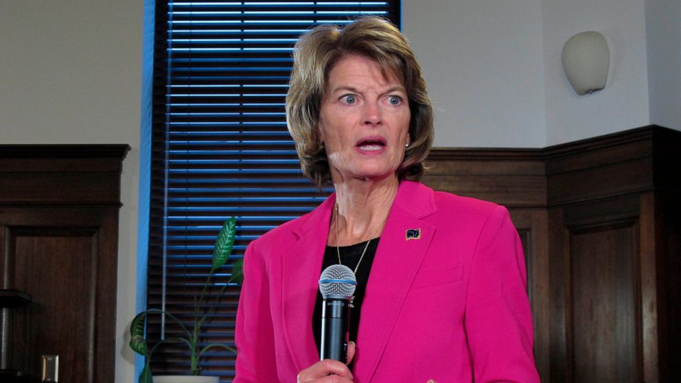 FILE - In this Feb. 18, 2020, photo, U.S. Sen. Lisa Murkowski speaks with reporters in Juneau, Alaska. The leaders of Alaska's Republican Party on Saturday, July 10, 2021 endorsed a challenger to incumbent U.S. Sen. Lisa Murkowski, who has been one o