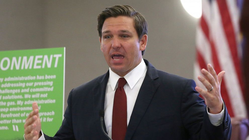 FILE - In this Oct. 29, 2019, file photo, Gov. Ron DeSantis speaks at a news conference on in Tallahassee, Fla. A federal judge has ruled that the Florida law requiring felons to pay legal fees as part of their sentences before regaining the vote is 