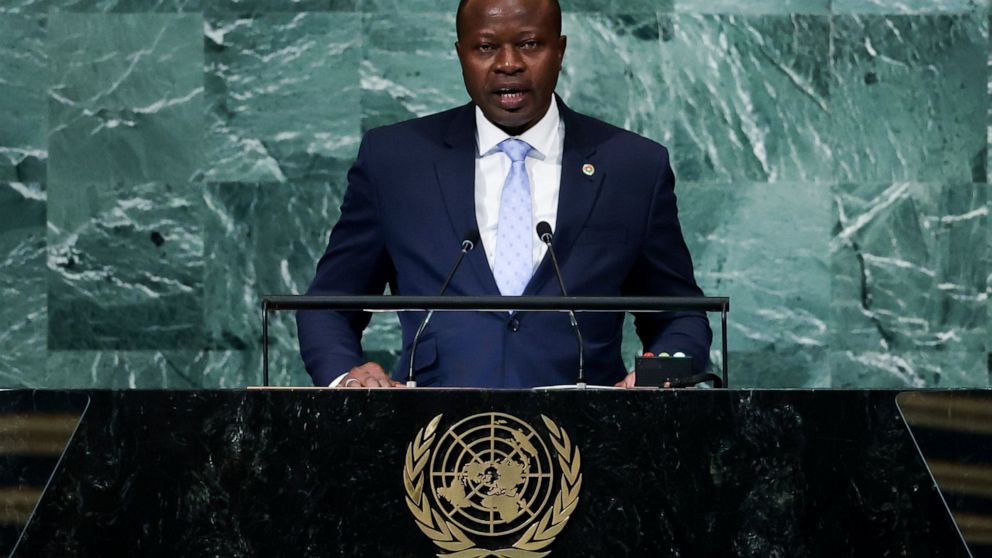 President of Burkina Faso Paul Henri Sandaogo Damiba addresses the 77th session of the United Nations General Assembly, Friday, Sept. 23, 2022, at the U.N. headquarters. (AP Photo/Julia Nikhinson)