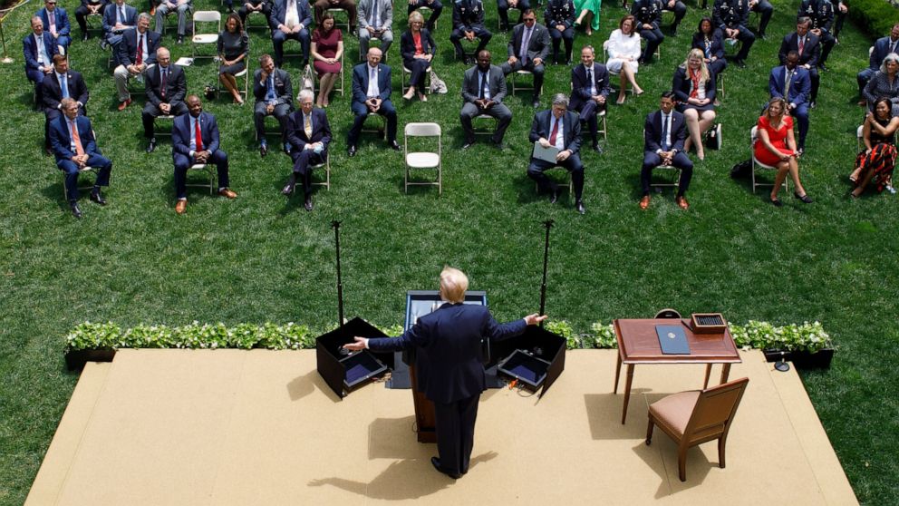 President Donald Trump speaks during an event on police reform, in the Rose Garden of the White House, Tuesday, June 16, 2020, in Washington. (AP Photo/Evan Vucci)