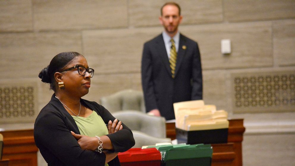 During debate in the Missouri Senate in Jefferson City Wednesday, May 15, 2019, Freshman senator, Karla May, D-St. Louis, listens to opposing arguments regarding Missouri's proposed new abortion law. Opponents of the bill have begun efforts to block 