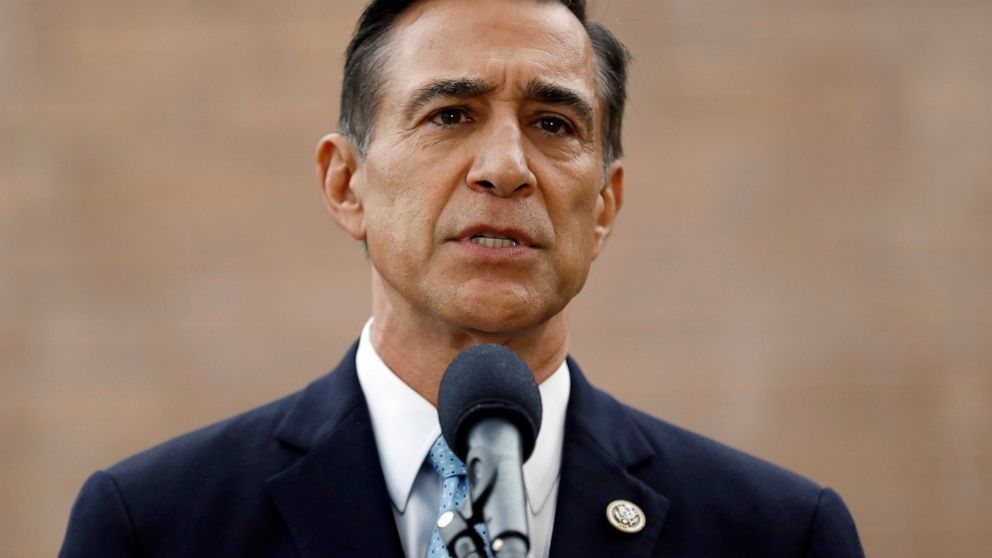 FILE - In this Sept. 26, 2019, file photo, former Republican congressman Darrell Issa speaks during a news conference in El Cajon, Calif. Issa declared victory in his race to return to Congress, saying there are not enough votes left to count for Dem