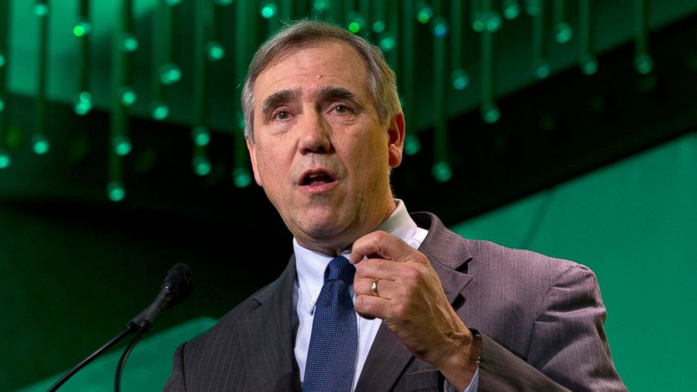 FILE - In this Jan. 24, 2019 file photo, Sen. Jeff Merkley, D-Ore., speaks during the U.S. Conference of Mayors meeting in Washington. Merkley announced Tuesday, March 5, 2019 that he would not seek his party's 2020 presidential nomination but will f