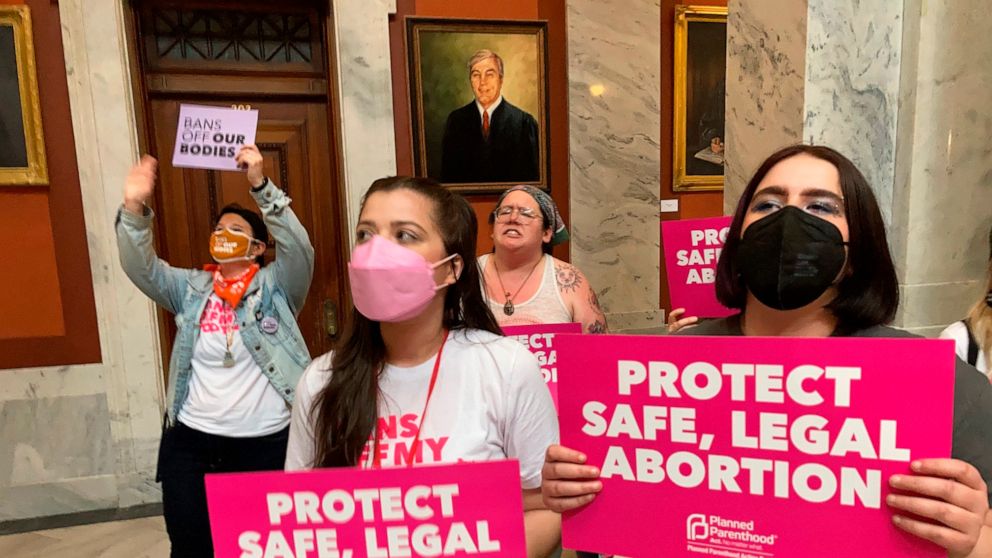 Abortion-rights supporters chant their objections at the Kentucky Capitol on Wednesday, April 13, 2022, in Frankfort, Ky., as Kentucky lawmakers debate overriding the governor’s veto of an abortion measure. The bill would put new restrictions on abor