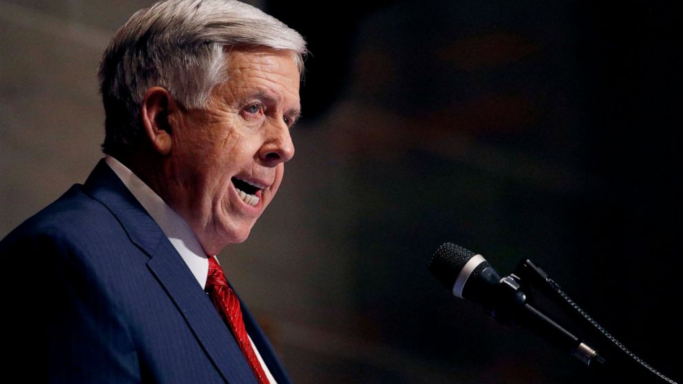FILE - In this Jan. 16, 2019, file photo, Missouri Gov. Mike Parson delivers his State of the State address in Jefferson City, Mo. Parson on Wednesday, May 15, called on state senators to take action on a bill to ban abortions at eight weeks of pregn