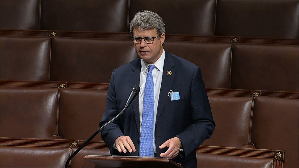 FILE - In this April 23, 2020, image from video, Rep. Bill Huizenga, R-Mich., speaks on the floor of the House of Representatives at the U.S. Capitol in Washington. Huizenga tweeted Wednesday, Oct. 14 that he tested positive for COVID-19 in a rapid t