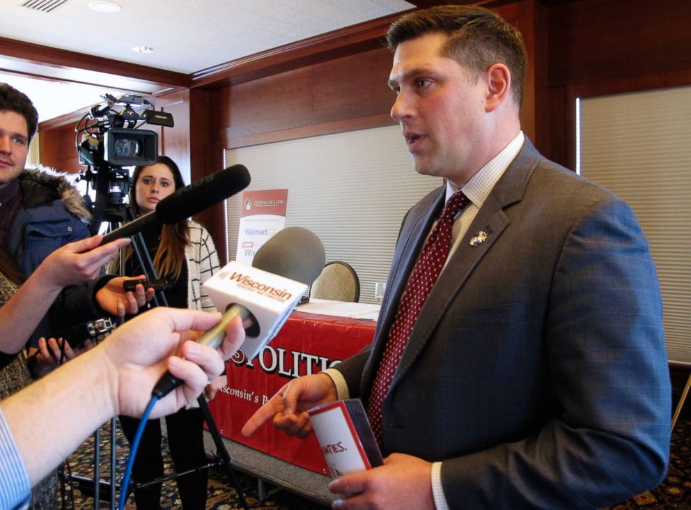 PHOTO: Wisconsin Republican Senate candidate Kevin Nicholson speaks with reporters in Madison, Wis., Jan. 30, 2018.