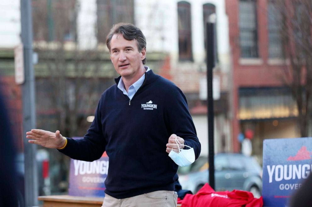 PHOTO: Glenn Youngkin, a Republican running for Virginia governor, speaks to voters during a meet and greet in Lynchburg, Va., Feb. 9, 2021.