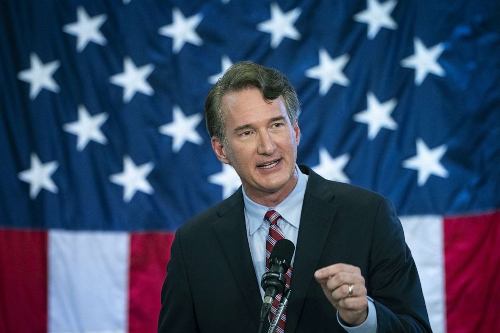 PHOTO: Glenn Youngkin, Republican gubernatorial candidate for Virginia, speaks during a campaign event in Fairfax, Va., Aug. 30, 2021. 