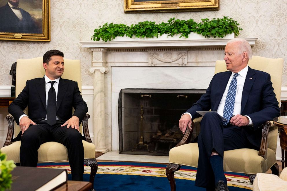 PHOTO: Ukrainian President Volodymyr Zelensky meets with President Joe Biden in the Oval Office, Sept. 1, 2021.