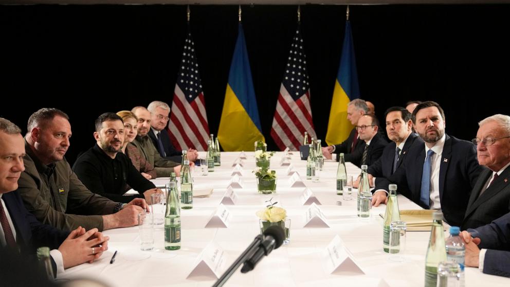 PHOTO: Vice-President JD Vance, second right, meets with Ukraine's President Volodymyr Zelenskyy, third left, during a bilateral meeting on the sidelines of the Munich Security Conference in Munich, Germany, Feb. 14, 2025.
