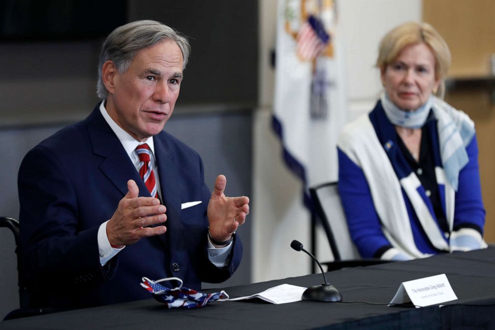 PHOTO: Texas Gov. Greg Abbott responds to question during a news at the University of Texas Southwestern Medical Center West Campus in Dallas, June 28, 2020.