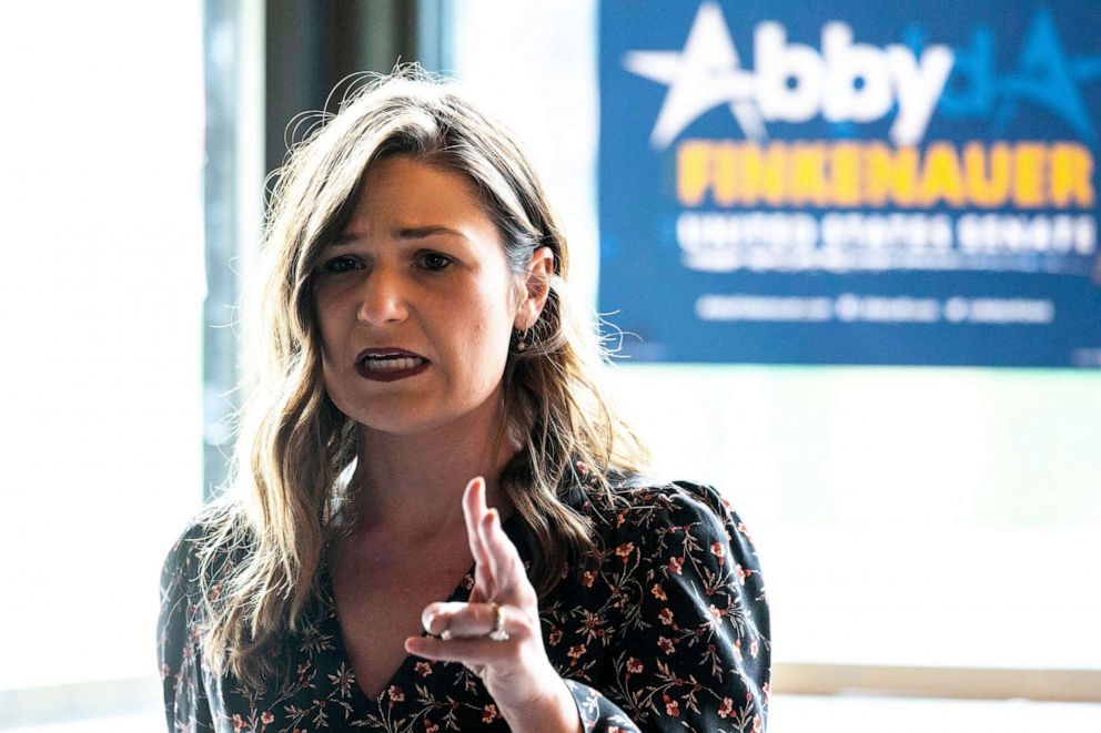 PHOTO: Senate candidate Abby Finkenauer speaks during a meet and greet campaign event, May 17, 2022, at The Airliner in Iowa City, Iowa.