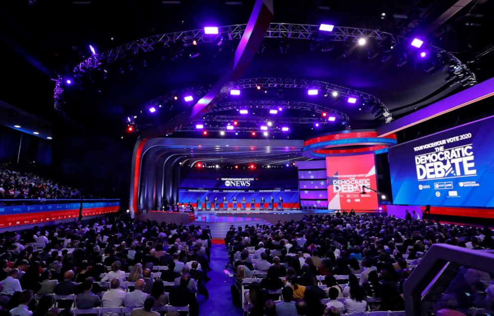PHOTO: Democratic presidential hopefuls stand onstage during the third Democratic primary debate of the 2020 presidential campaign season hosted by ABC News in partnership with Univision at Texas Southern University in Houston, Tx on Sept. 12, 2019.