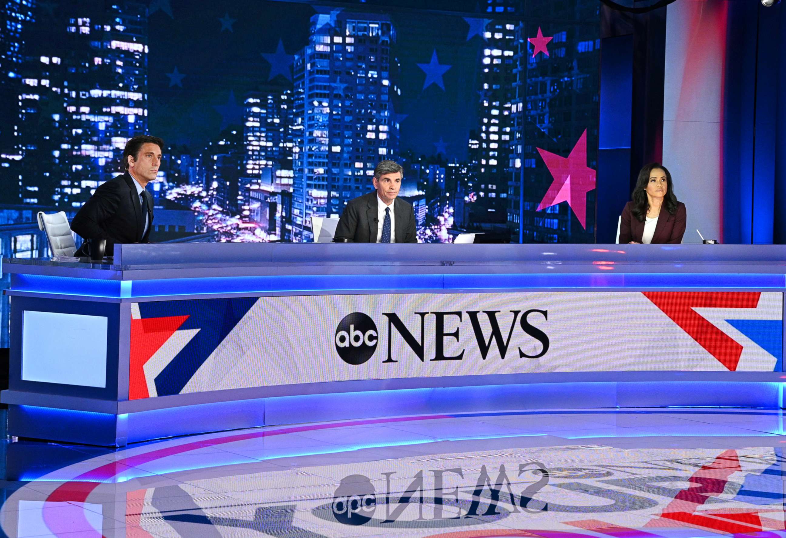 PHOTO: Left to right, World News Tonight's anchor David Muir, ABC News Chief anchor George Stephanopoulos, and anchor Linsey Davis reporting on the latest developments on the state of the election. 