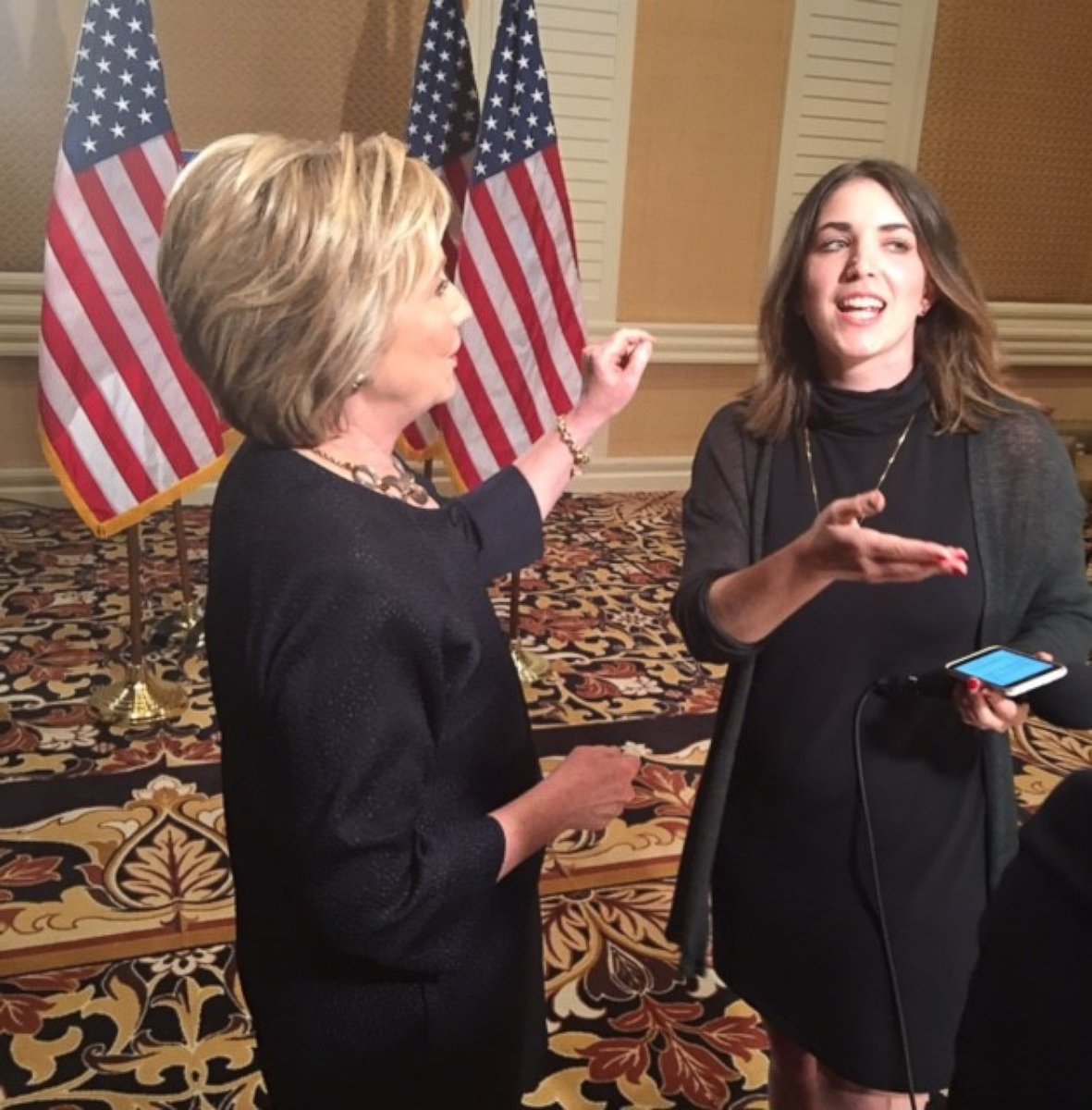PHOTO: ABC News campaign reporter Liz Kreutz interviews Hillary Clinton on May 26, 2016 in Las Vegas. 
