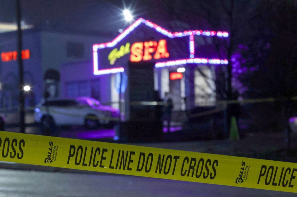 PHOTO: Crime scene tape surrounds Gold Spa after deadly shootings at a businesses in the Atlanta area, March 16, 2021. 