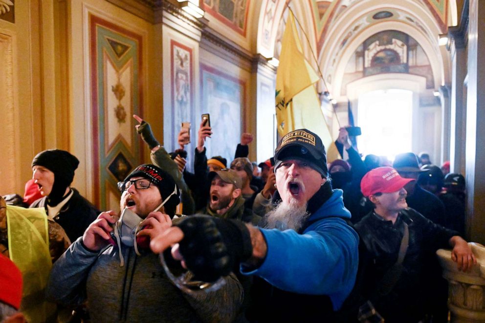 PHOTO: TOPSHOT - Supporters of US President Donald Trump protest inside the Capitol in Washington, Jan. 6, 2021.