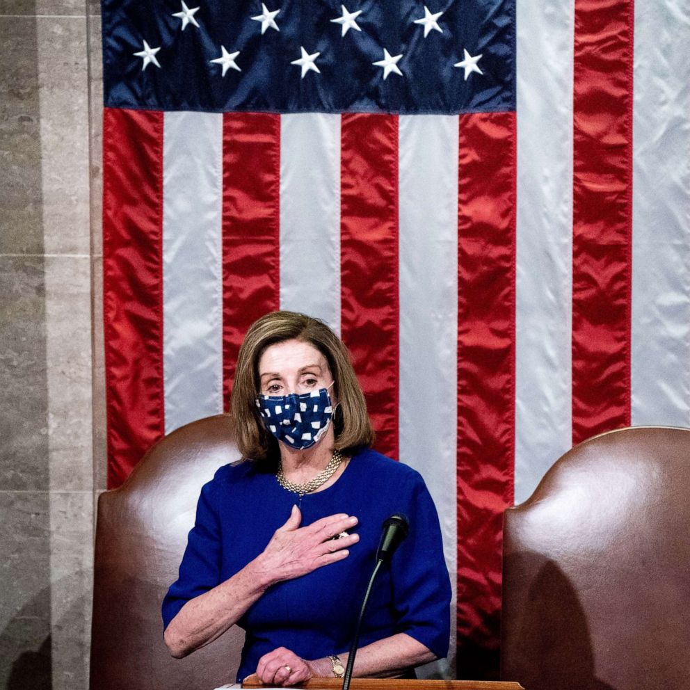 PHOTO: Speaker of the House Nancy Pelosi speaks during a reconvening of a joint session of Congress to certify the Electoral College votes of the 2020 presidential election in the House chamber on Jan. 6, 2021.