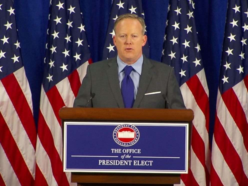 PHOTO: Sean Spicer, Press Secretary to U.S. President-elect Donald Trump speaks at a press conference, Jan. 19, 2017.