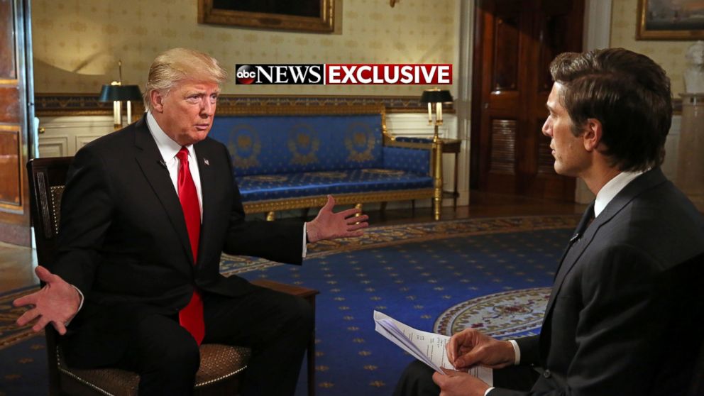 ABC News' David Muir talks to President Donald J. Trump in the Blue Room of the White House during Trump's first one-on-one television interview since being sworn in as the 45th president of the United States, Jan. 25, 2017.