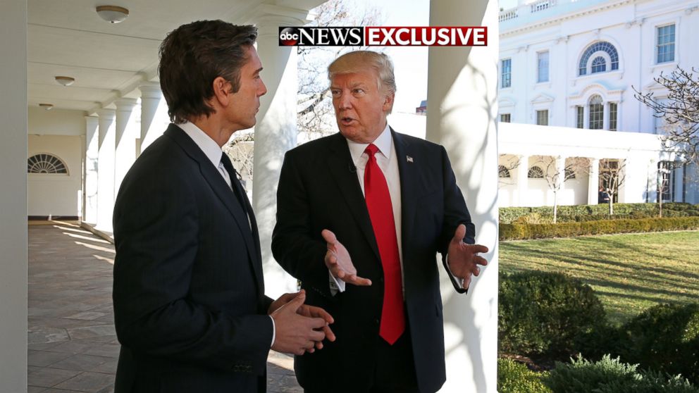 ABC News' David Muir talks to President Donald J. Trump during a walk along the colonnade of the White House during Trump's first one-on-one television interview since being sworn in as the 45th president of the United States, Jan. 25, 2017. 