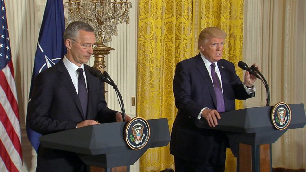 PHOTO: President Donald Trump and NATO Secretary-General Jens Stoltenberg speak in a press conference in Washington, April 12, 2017.