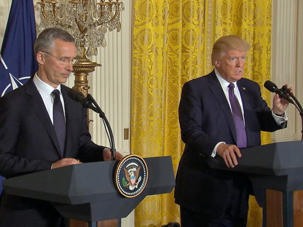 PHOTO: President Donald Trump and NATO Secretary-General Jens Stoltenberg speak in a press conference in Washington, April 12, 2017.