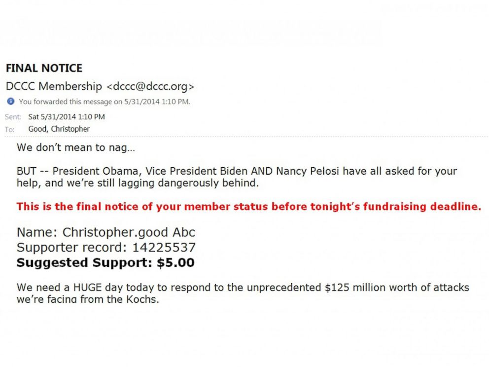 PHOTO: The Democratic Congressional Campaign Committee admonished its supporters, in all caps, to donate $5 before the end of May