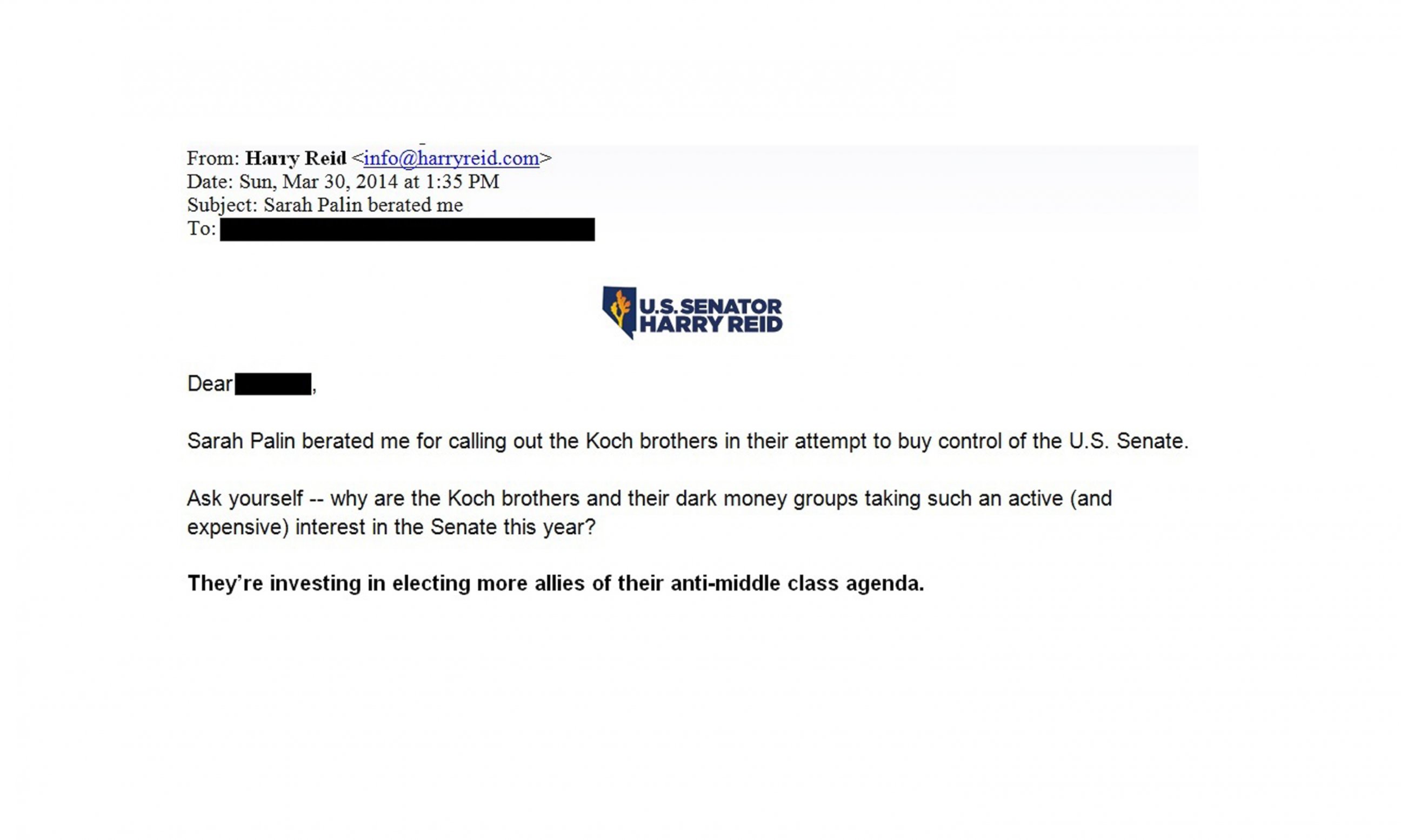 PHOTO: 'Sarah Palin beratedme,' Senate Majority Leader Harry Reid, D-Nev., informed his campaign email list